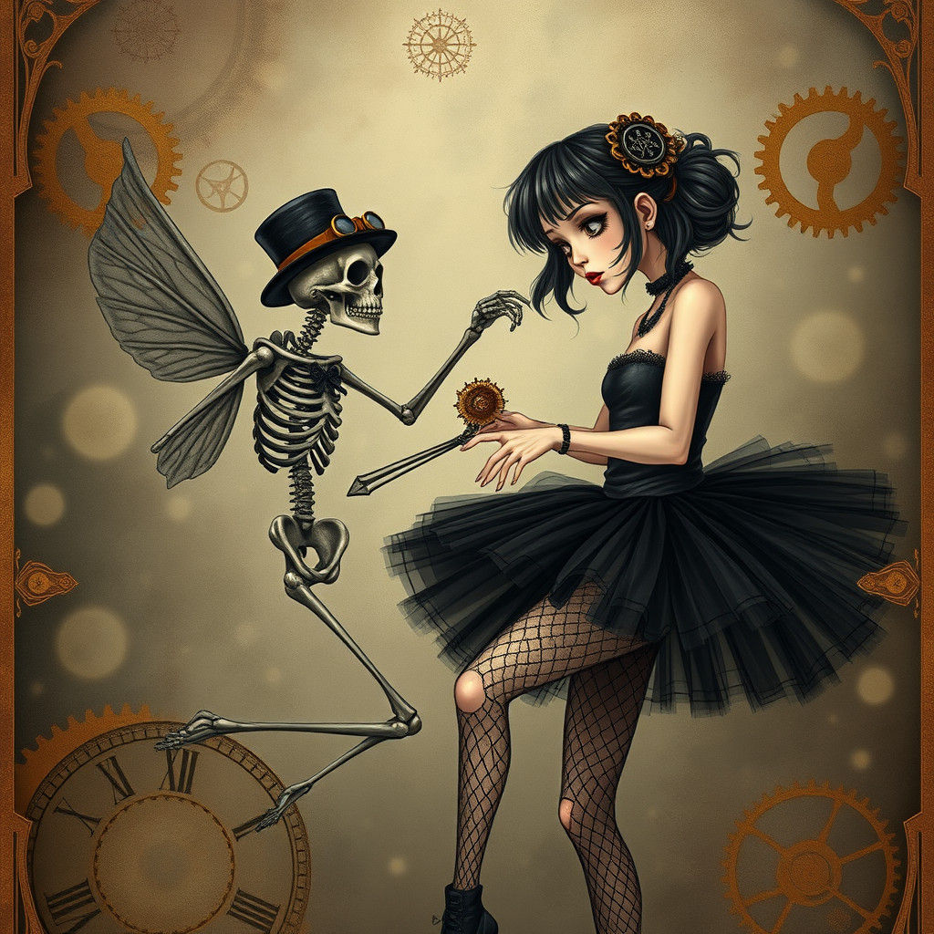 Emo girl is dancing with a skeleton  in the style of steampu...