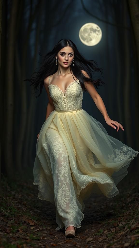 Ethereal Woman in Victorian Gown Runs Through Forest
