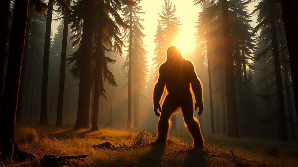 Sasquatch-like Creature in Misty Forest, Sepia Tones