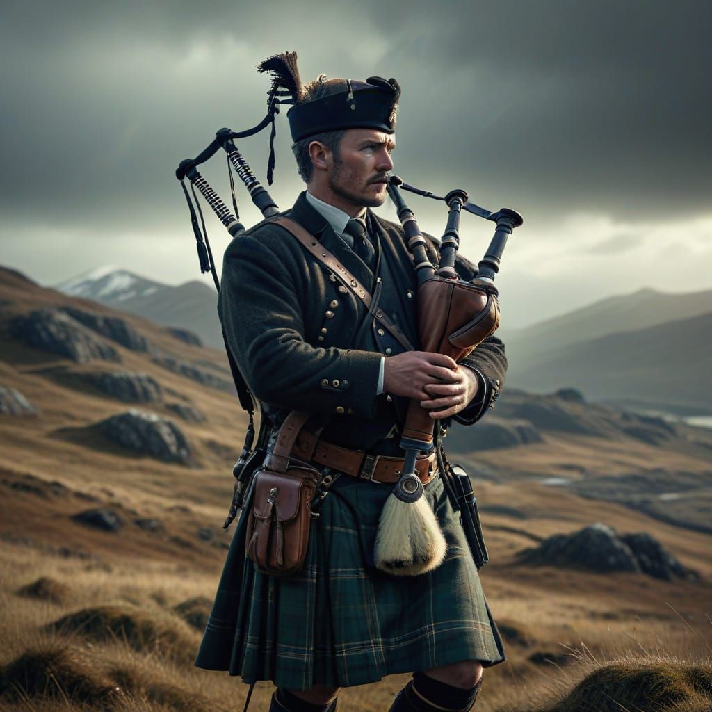 Bagpiper on Scottish Highland in Hyperrealistic Style
