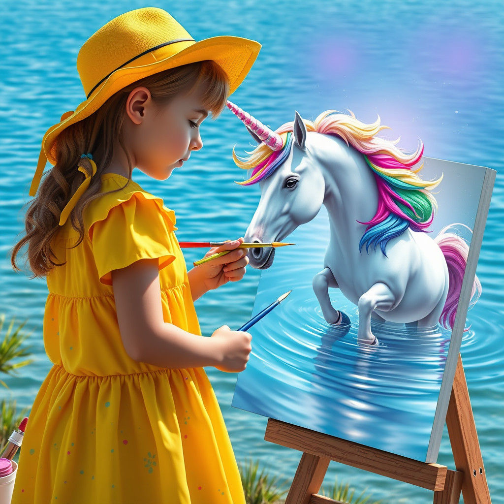 Girl Paints Glitter Unicorn in Fantasy Lake Scene