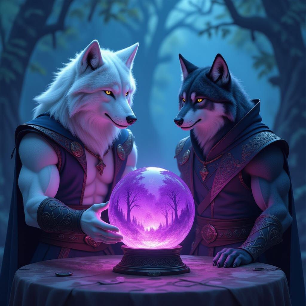 Muscular Wolf Warlock Gazes into Crystal Ball