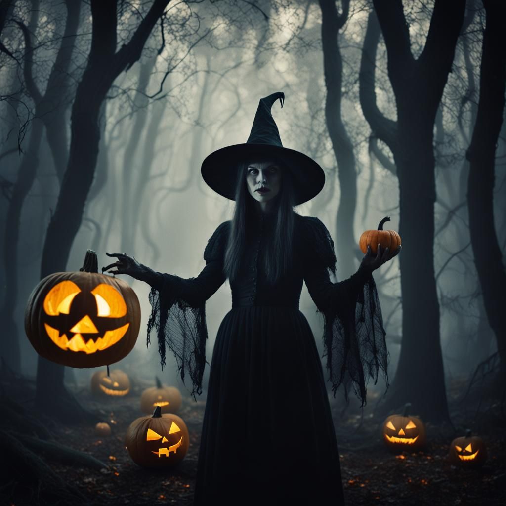 Eerie Halloween Witch in a Dark Forest