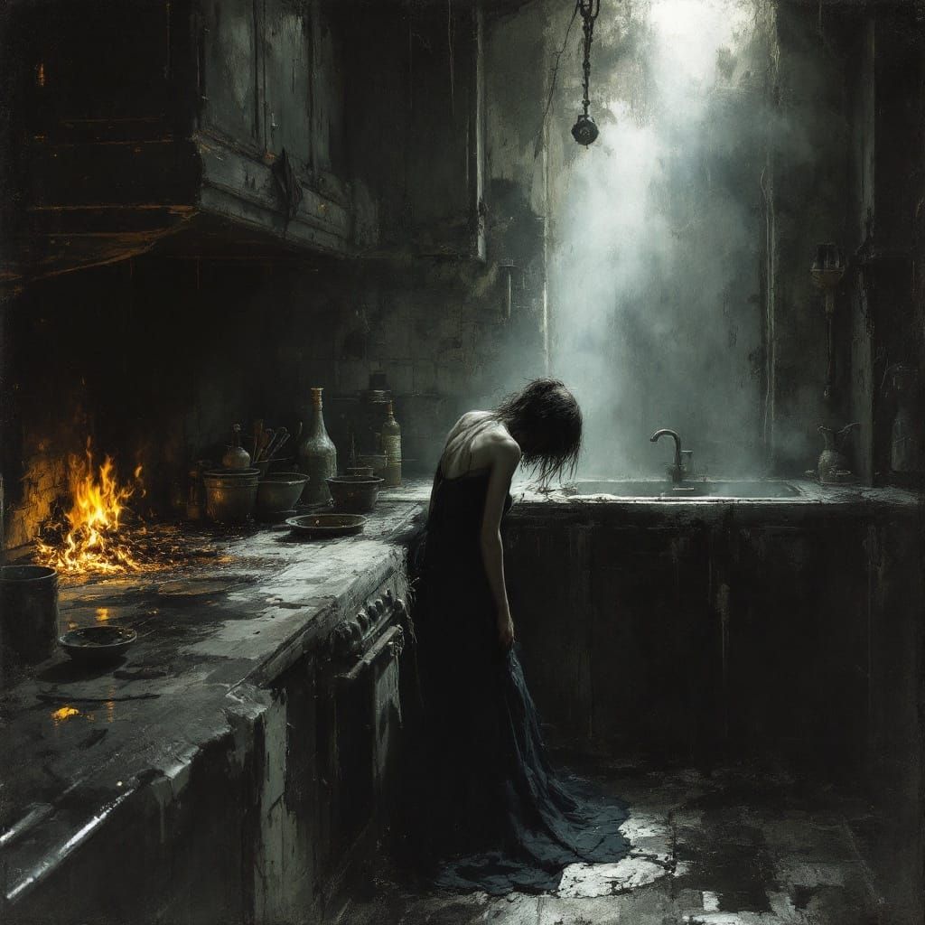 Girl in Kitchen, Haunted by Dark Forces