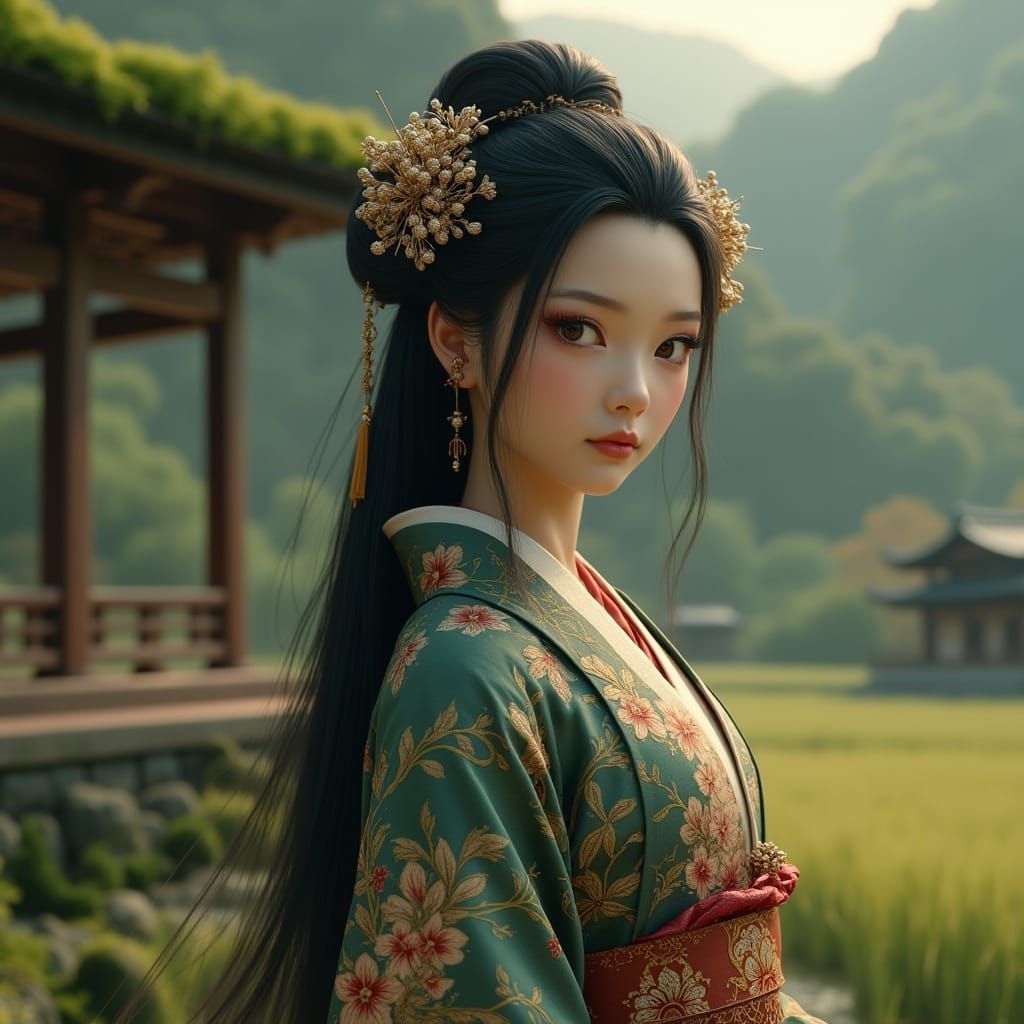 Majestic Toyouke-hime Goddess in Traditional Edo-Period Kimo...