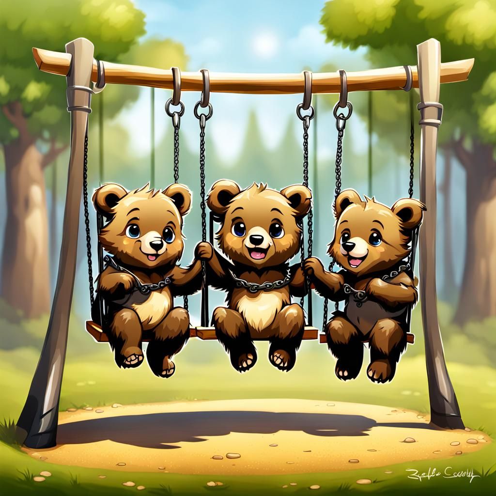 Chibified Baby bear cubs playing on swings