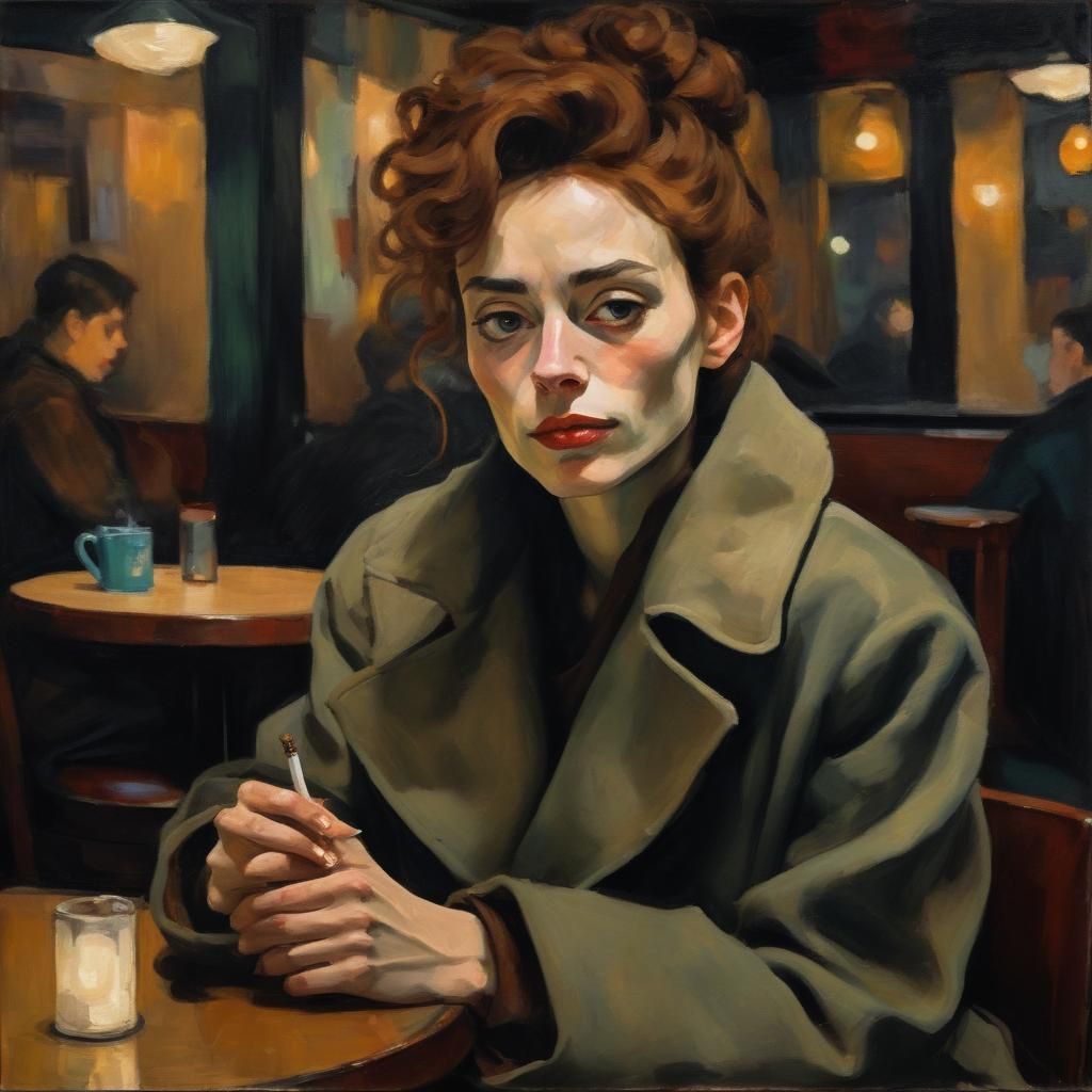 Melancholic Woman in Cafe: Expressionist Oil Painting