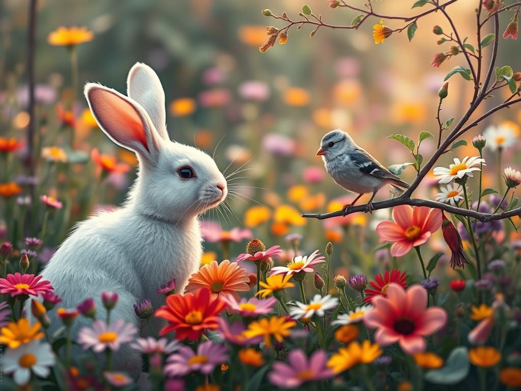 Rabbit and Budgie Chat in Flower Field, Matte Painting