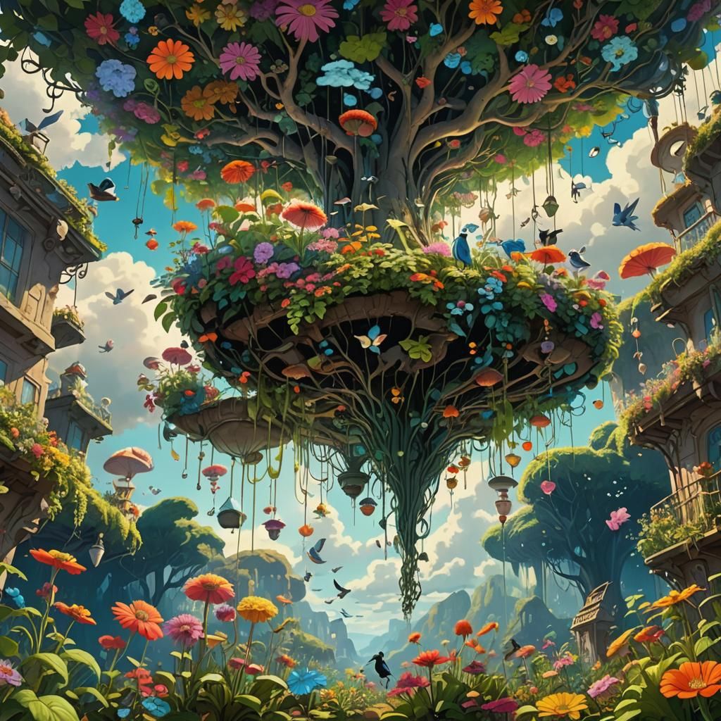 Enchanting Upside-Down Garden: A Surreal Digital Painting
