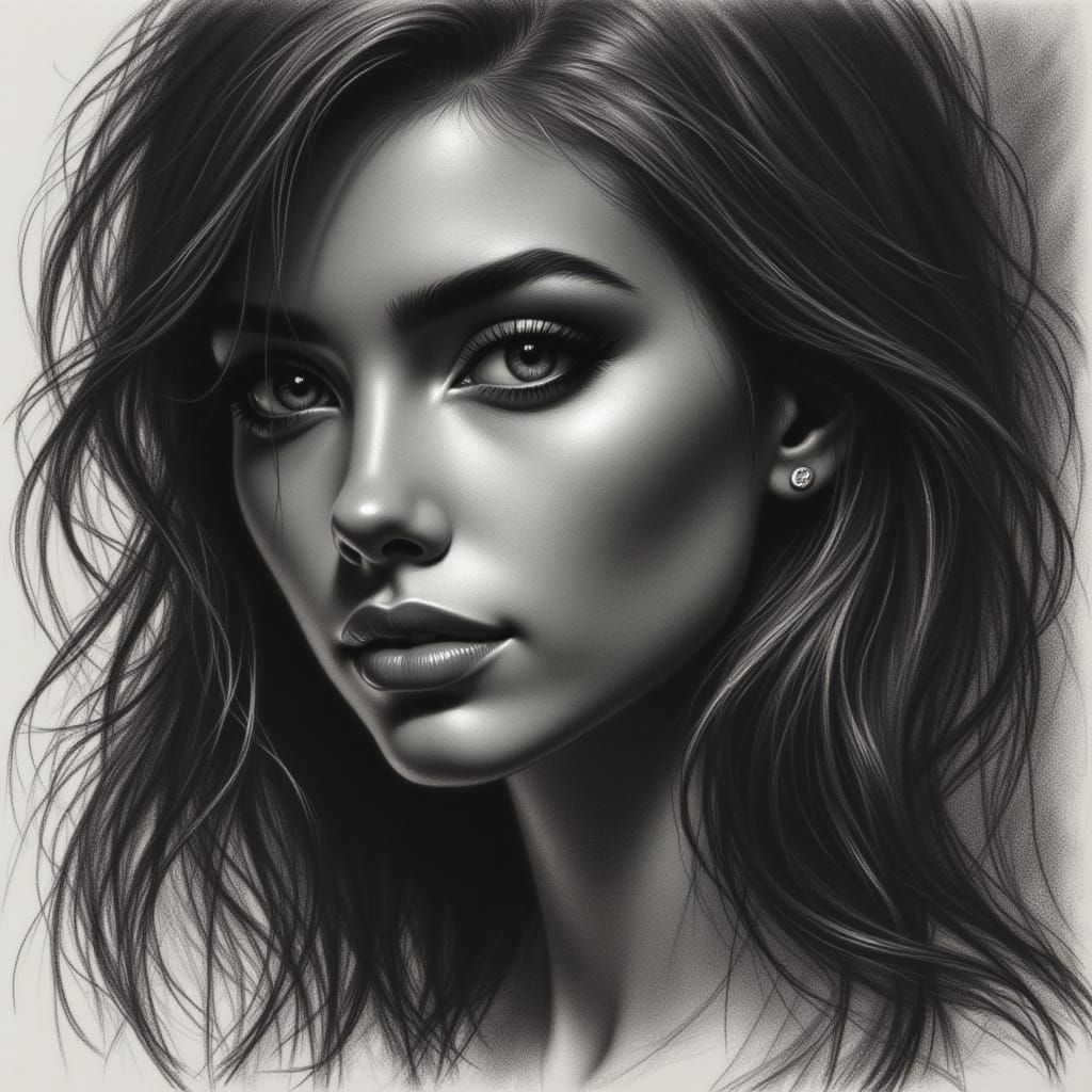 Elegant Woman Portrait in Charcoal Realism