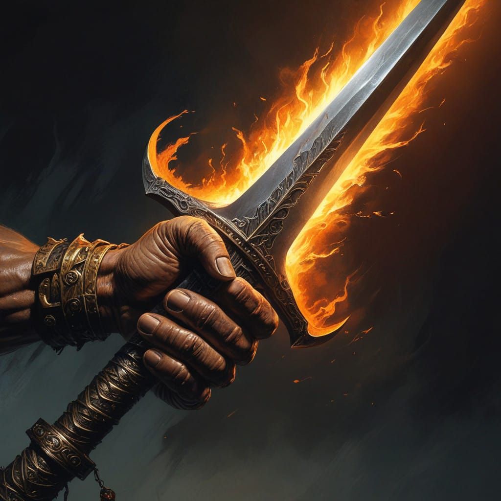 Armored Fist Holds Majestic Flaming Sword