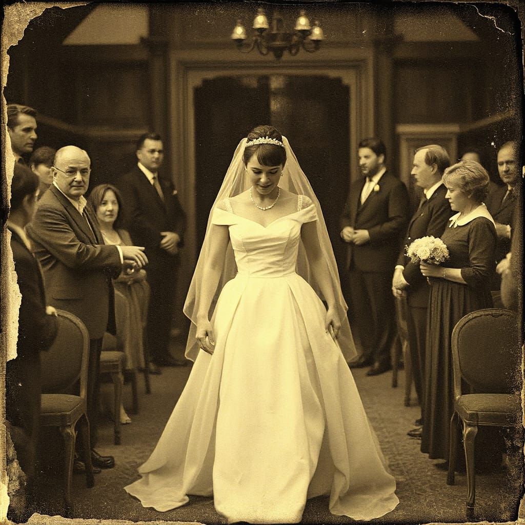 Vintage Bride Walks Aisle in Distressed Sepia Photo