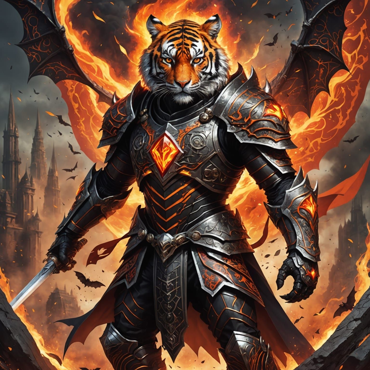 Armored Tiger-Bat Sorcerer with Explosive Background