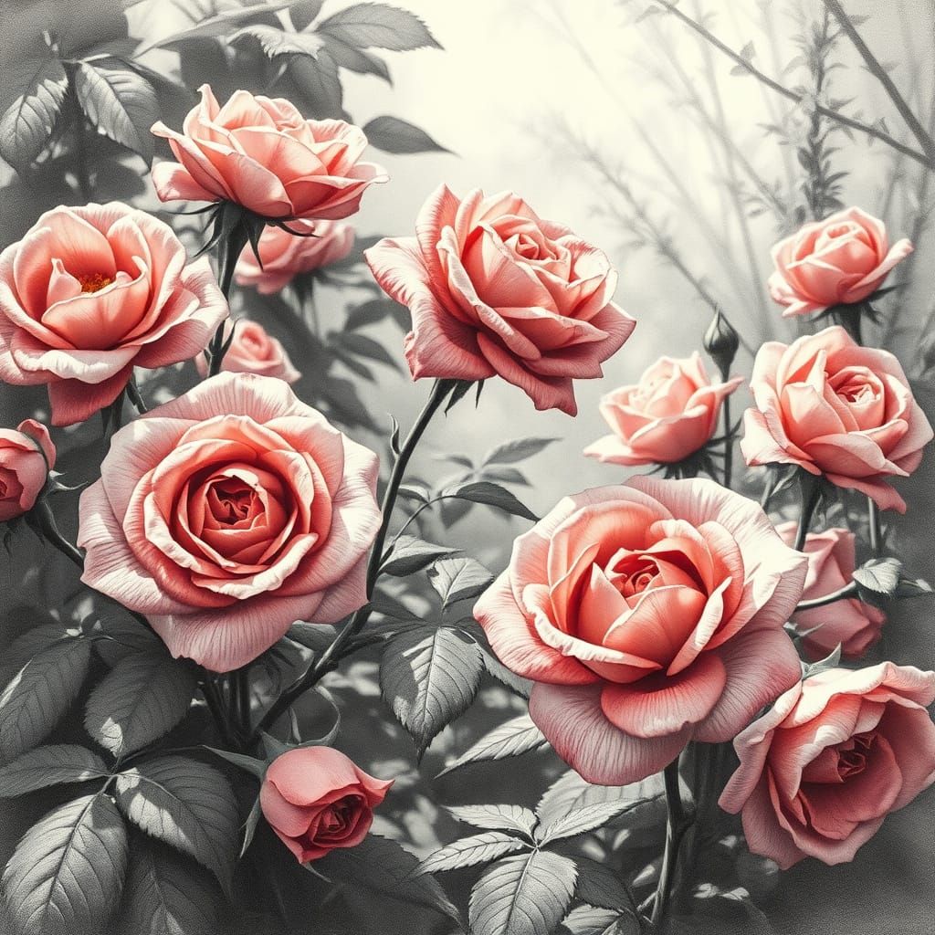 Heavenly Rose Garden Charcoal Drawing