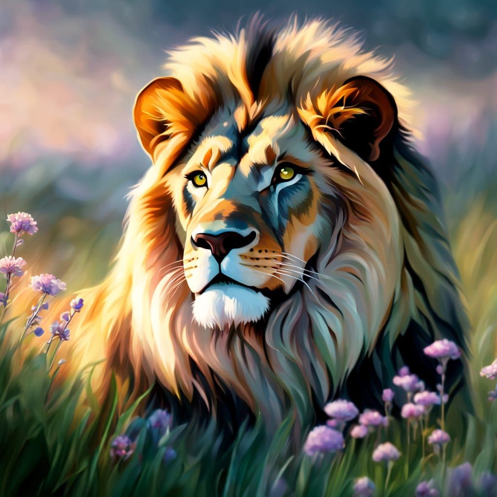 Regal Lion in a Whimsical Wildflower Meadow