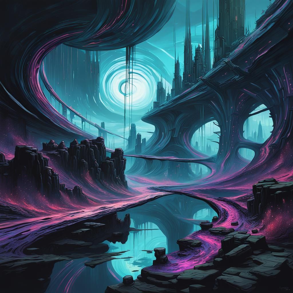 Trippy Riverscape: Futuristic Horror in Cool Colors