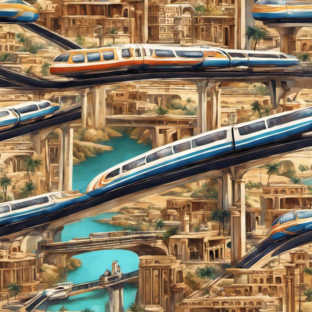 Egyptian Art Inspired Monorail Transportation, Photorealisti...