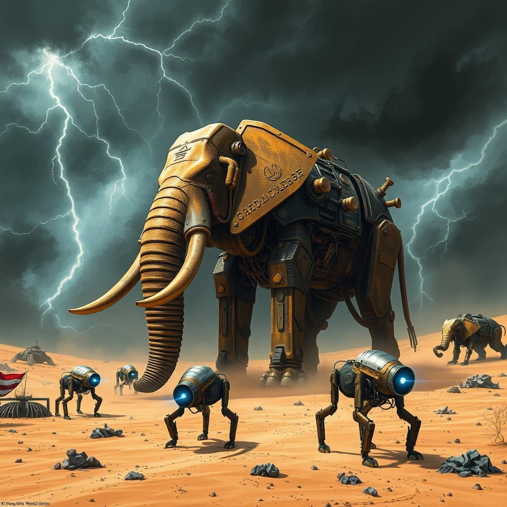Cyberpunk Elephant Dominates Desert Wasteland