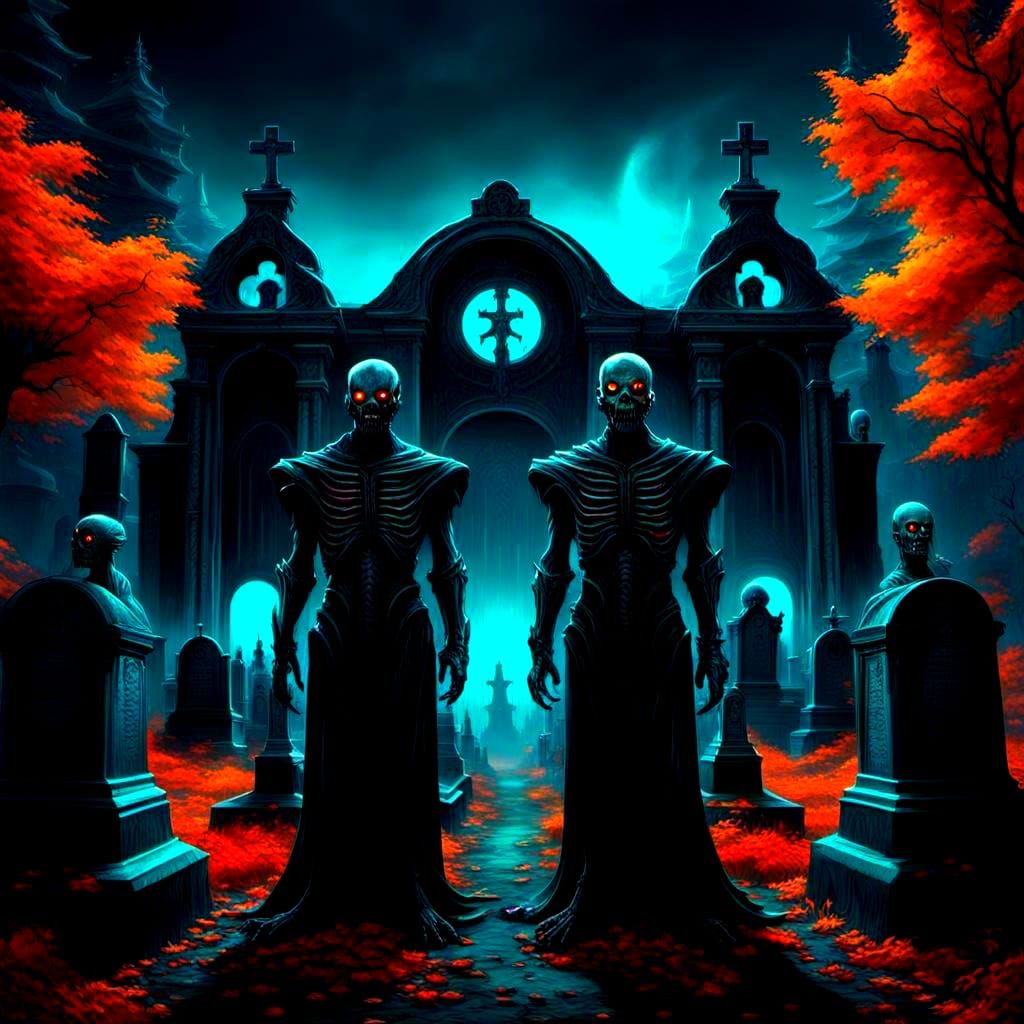 Demons in Autumn Forest by Cemetery