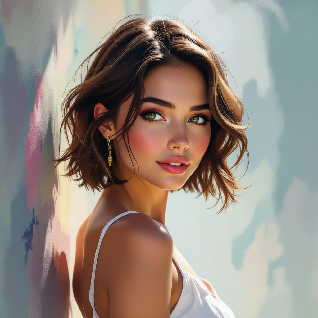 Playful Woman in White Dress with Expressive Eyes