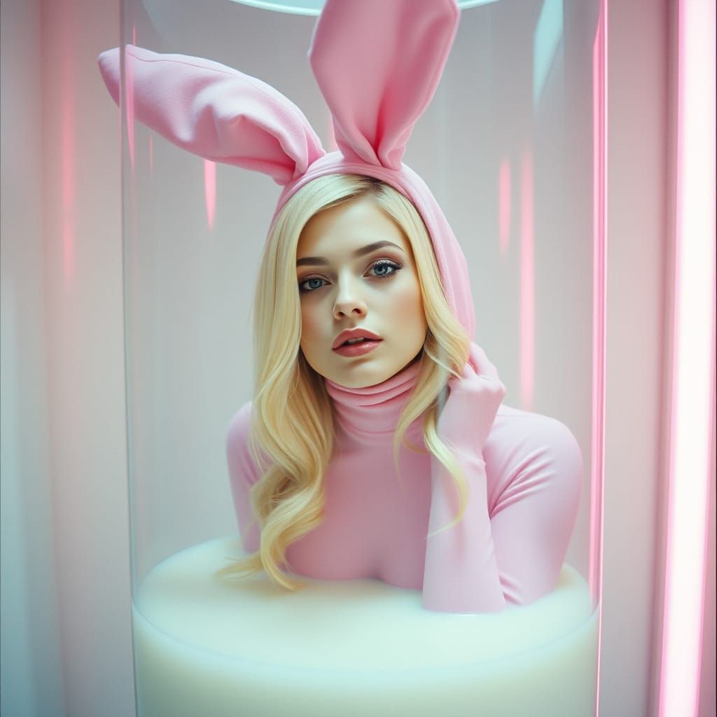 Surreal Blonde Woman in Latex Bunny Suit, Submerged in Milk