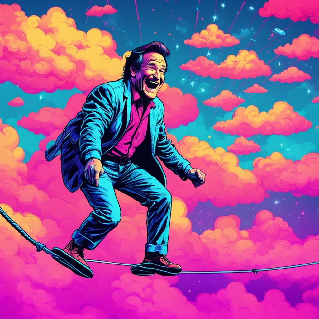 Robin Williams Balances on Clouds: Synthwave Neon Art