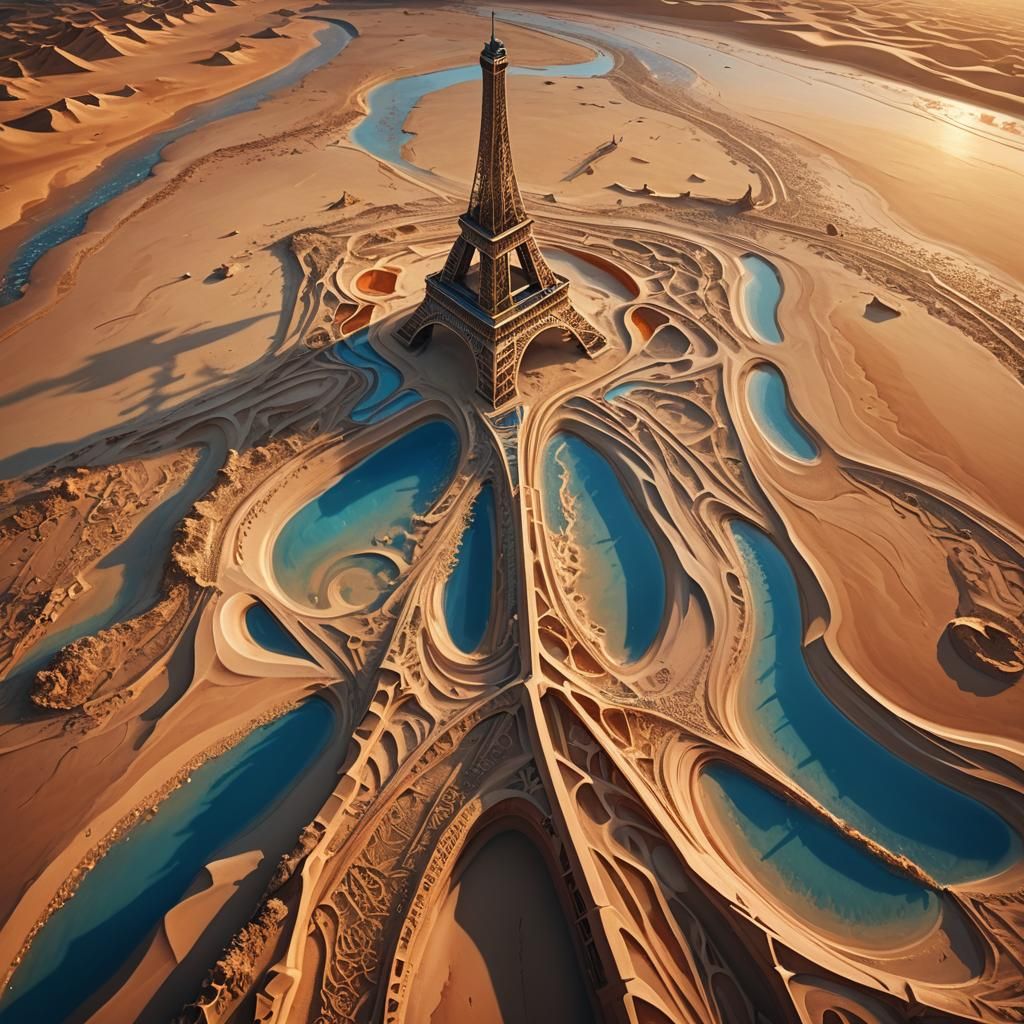 Eiffel Tower of Sand and Water in Desert Landscape