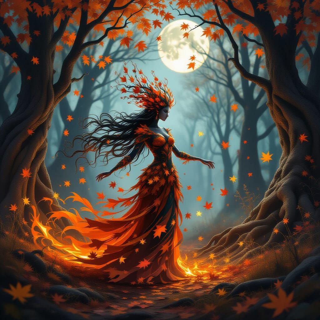 Ethereal Autumn Forest Spirit in Moonlit Clearing