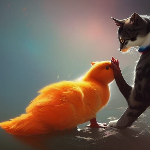Duck and Cat Kiss: Hyperdetailed Concept Art