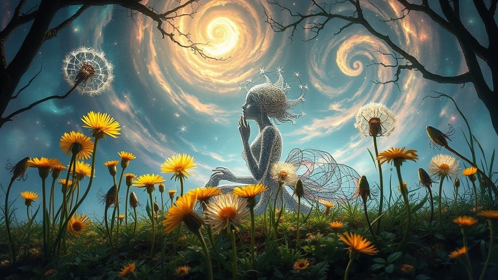 Ethereal Silver Being in Dandelion Field: Bio-Art