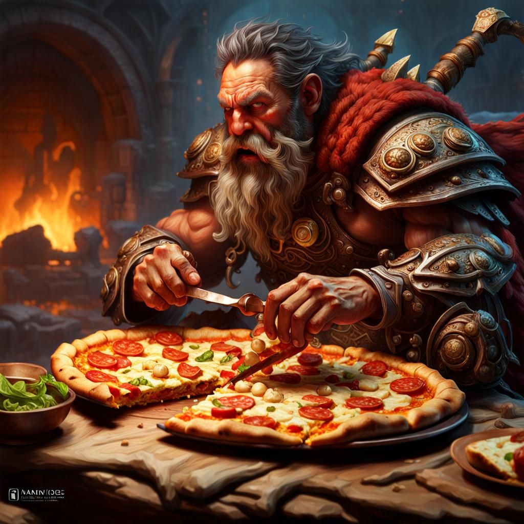 Barbarian's Cheesy Pizza Slice, Detailed Digital Art
