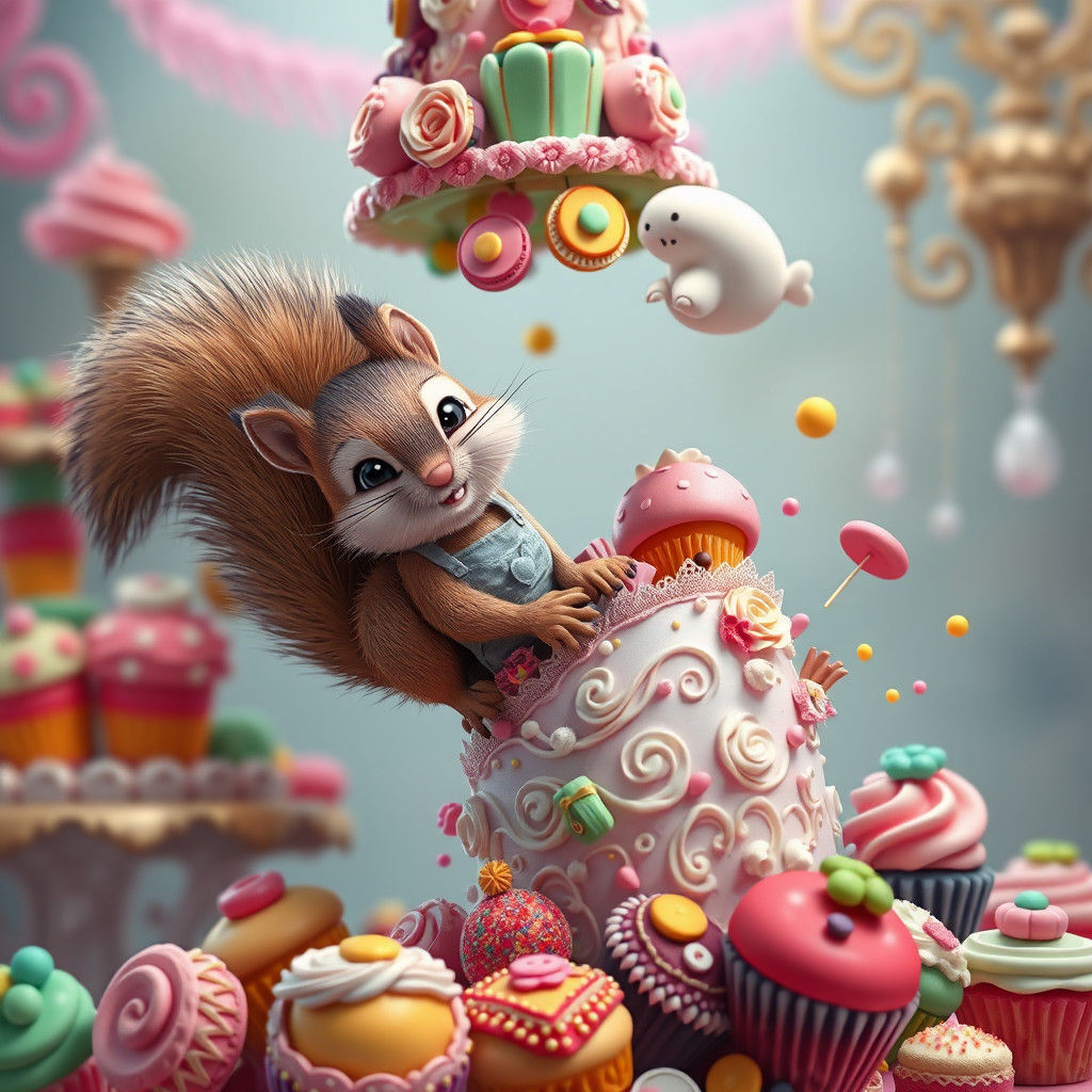 Mischievous Squirrel Causes Whimsical Dessert Tower Chaos
