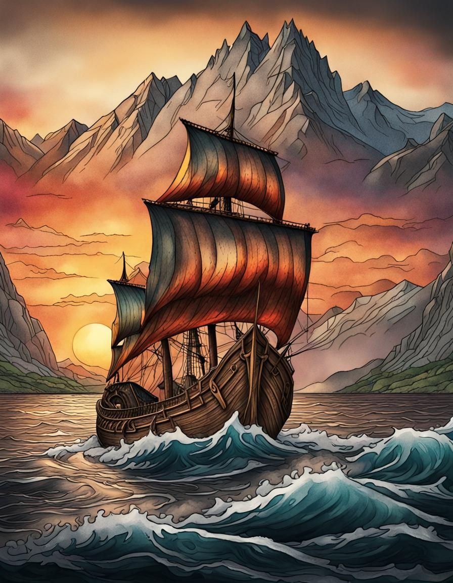 Viking Drakkar Tattoo Design at Sunset