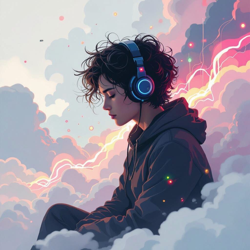 Contemplative Figure in Swirling Lights, Digital Art