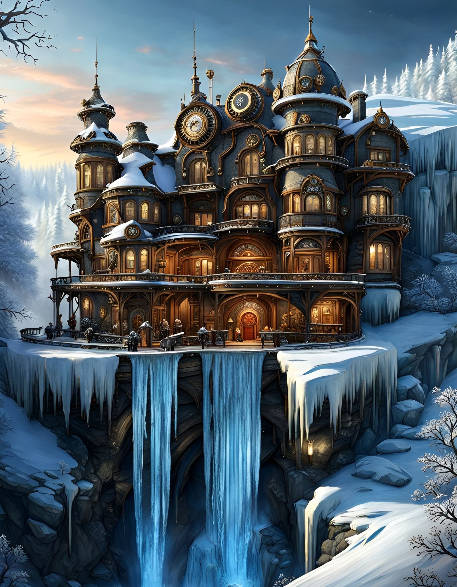 Steampunk Mansion on Frozen Falls: Fantasycore Artwork