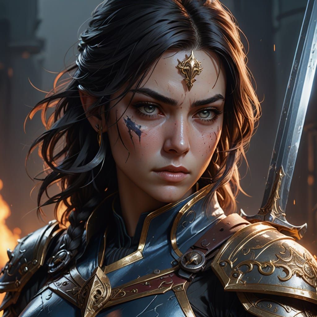 Determined Female Warrior in Steel Sword Focus