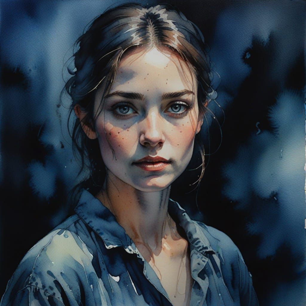 Watercolor Portrait in Ethereal Blue Shadows