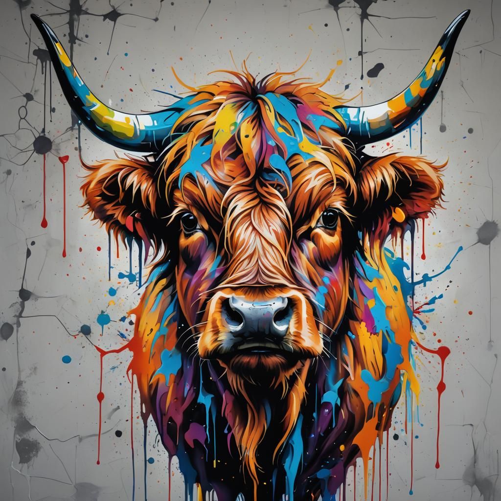 Colorful Highland Cow Graffiti Art