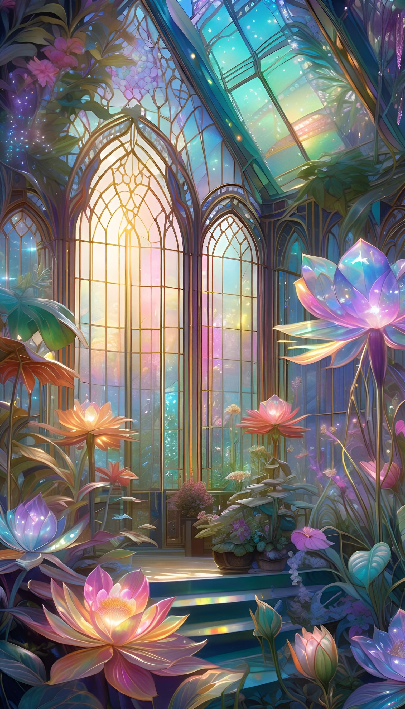 Holographic Greenhouse with Crystalline Flowers in Watercolo...