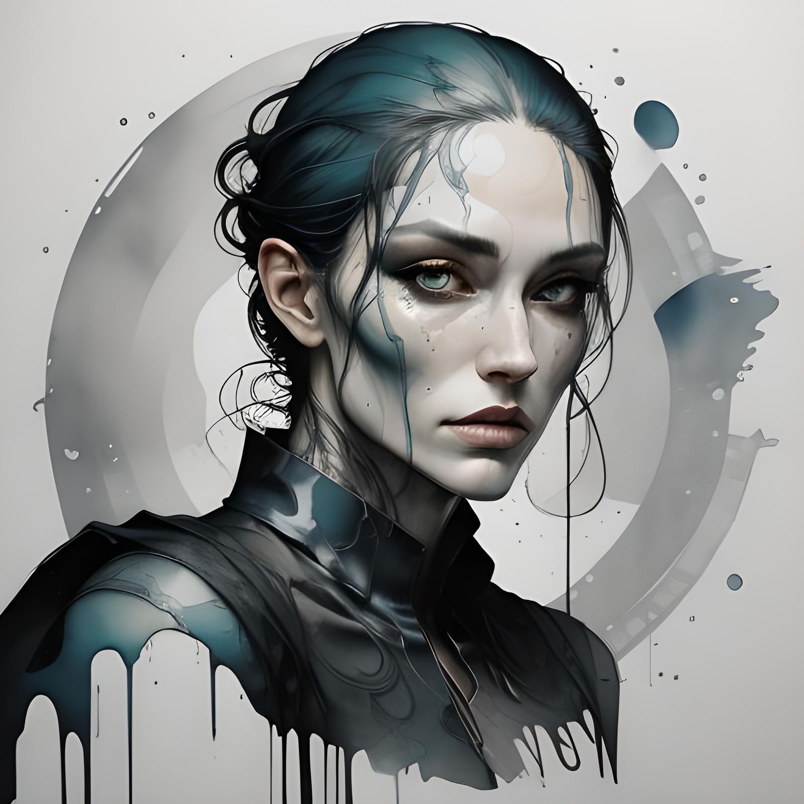 Striking Portrait with Inky Lines and Water Splotches