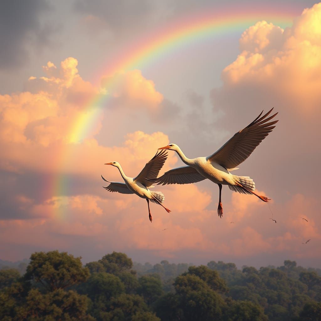Cranes in Vibrant Rainbow Dance