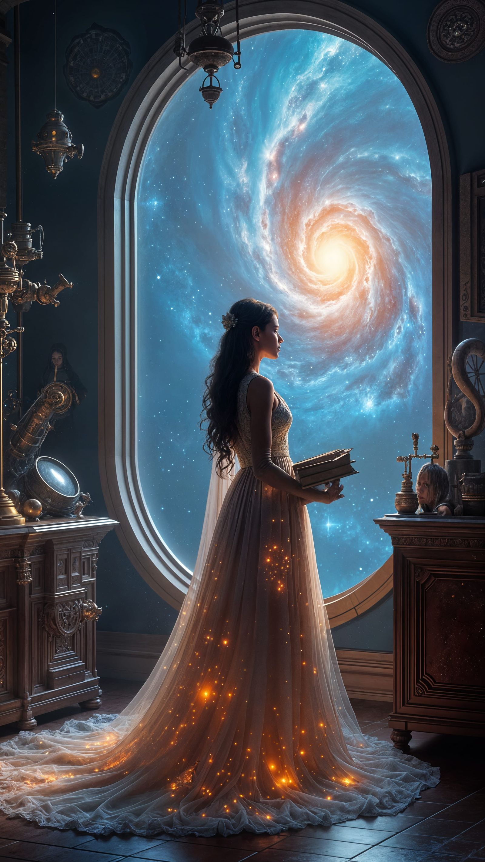 Fantasy Portrait of a Stargazing Woman in a Celestial Dress