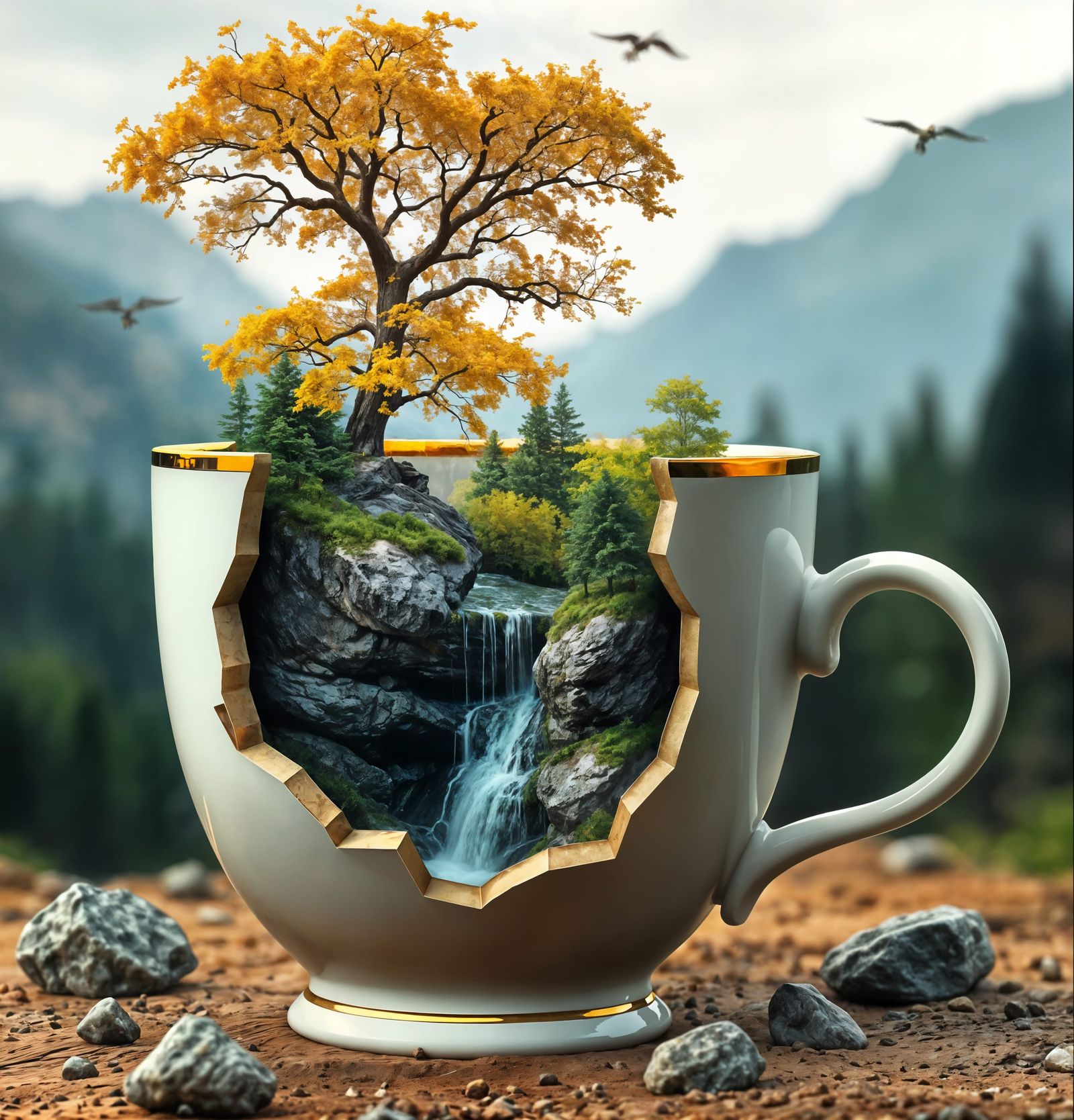 Surreal Landscape Inside a Cracked Ceramic Cup