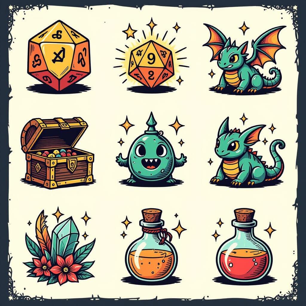 DnD Tattoo Designs: Dice, Mimic Chest, and Potion