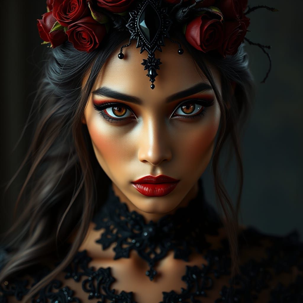 Gothic Goddess in Crimson Roses and Black Lace