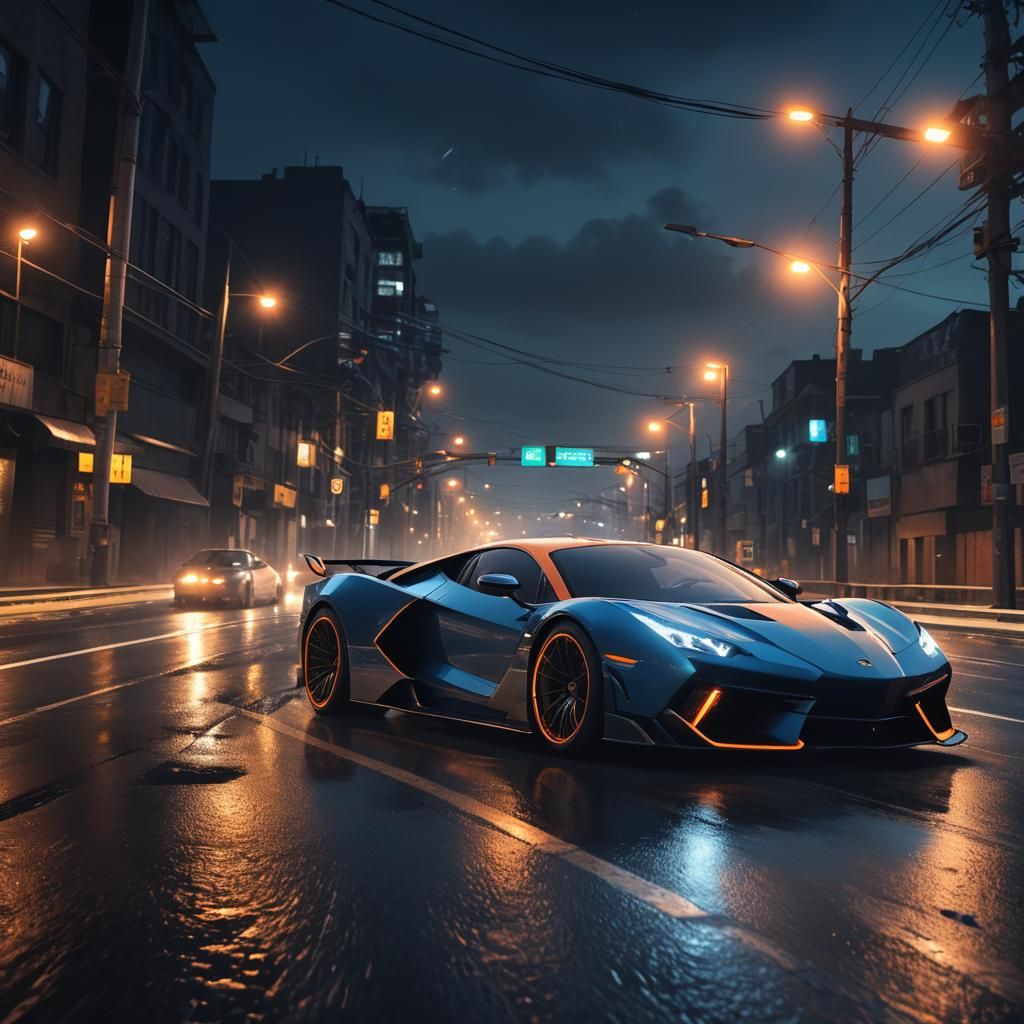 Supercar at Night with Neon Lights