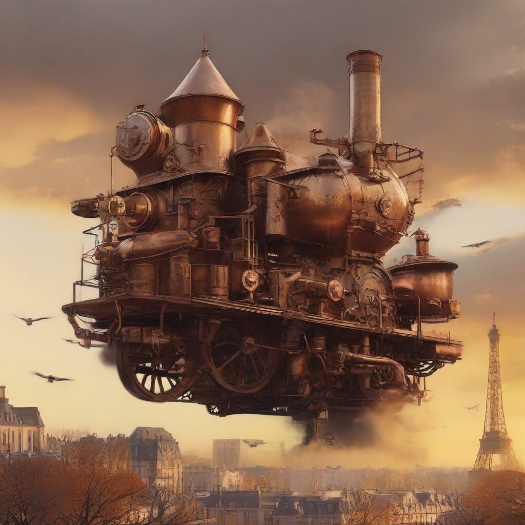 Ethereal Steampunk Airship Soars over Parisian Rooftops