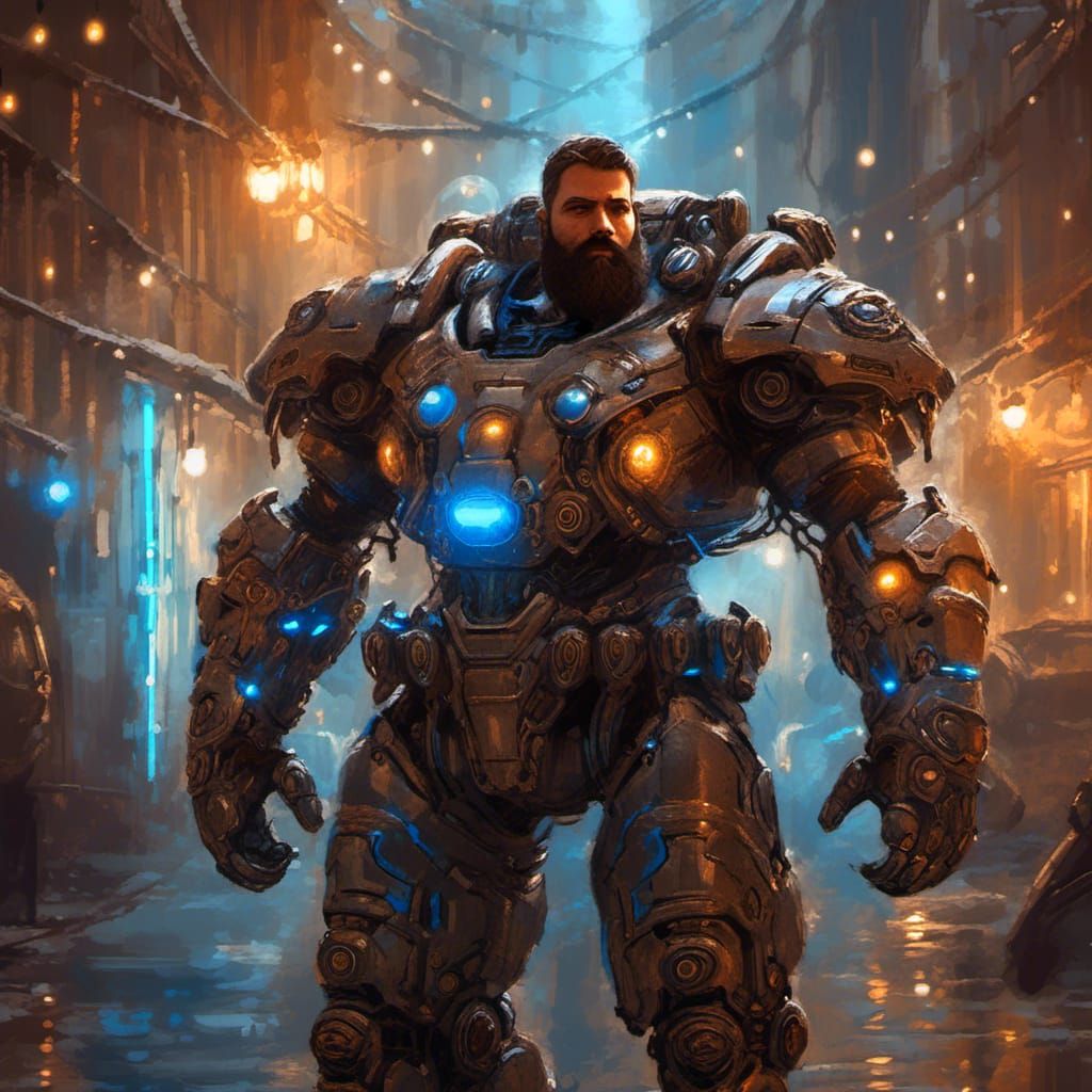 Muscular Man in Worn Mech Suit with Bokeh