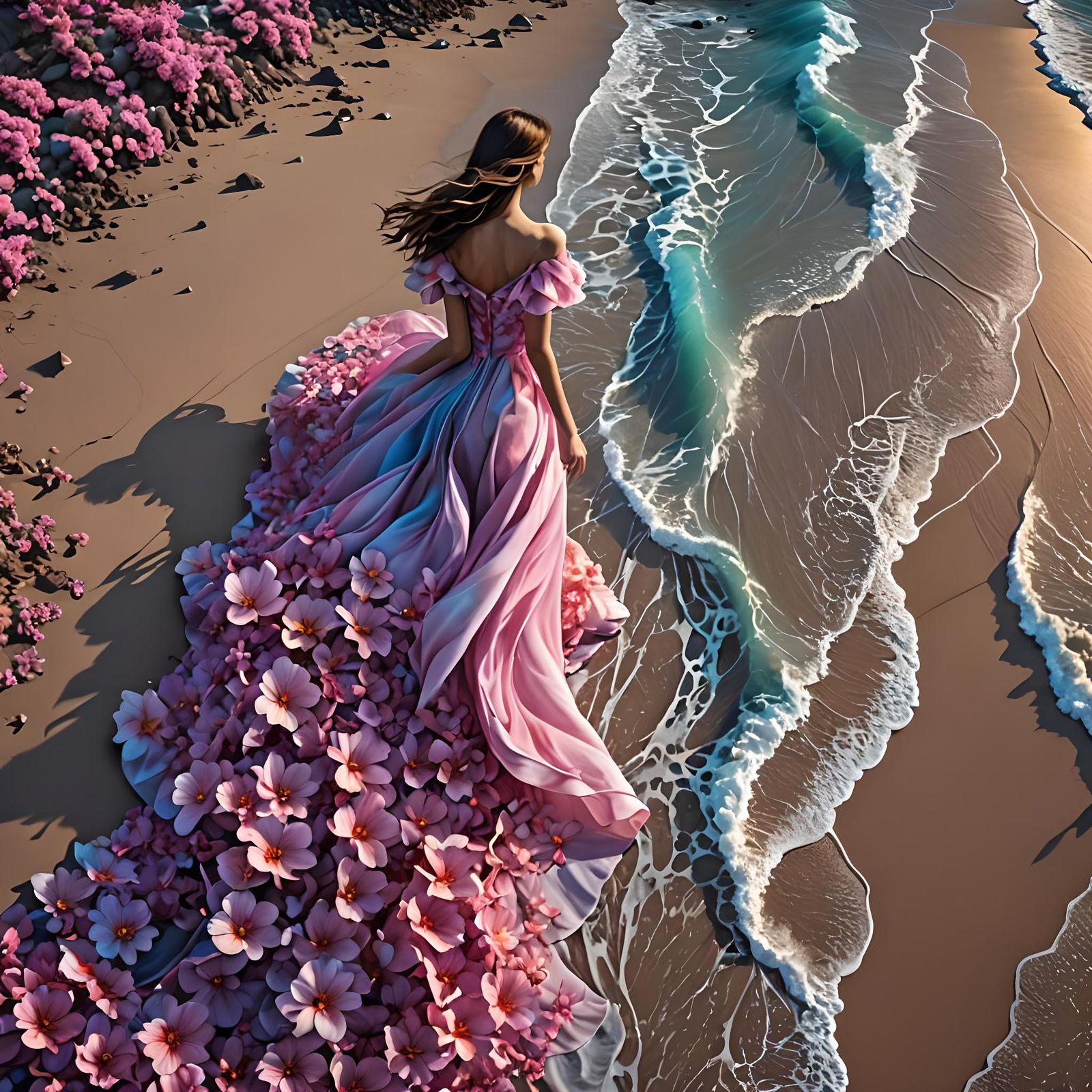 Luminous Flowing Flower Dress on Ocean Beach in 3D
