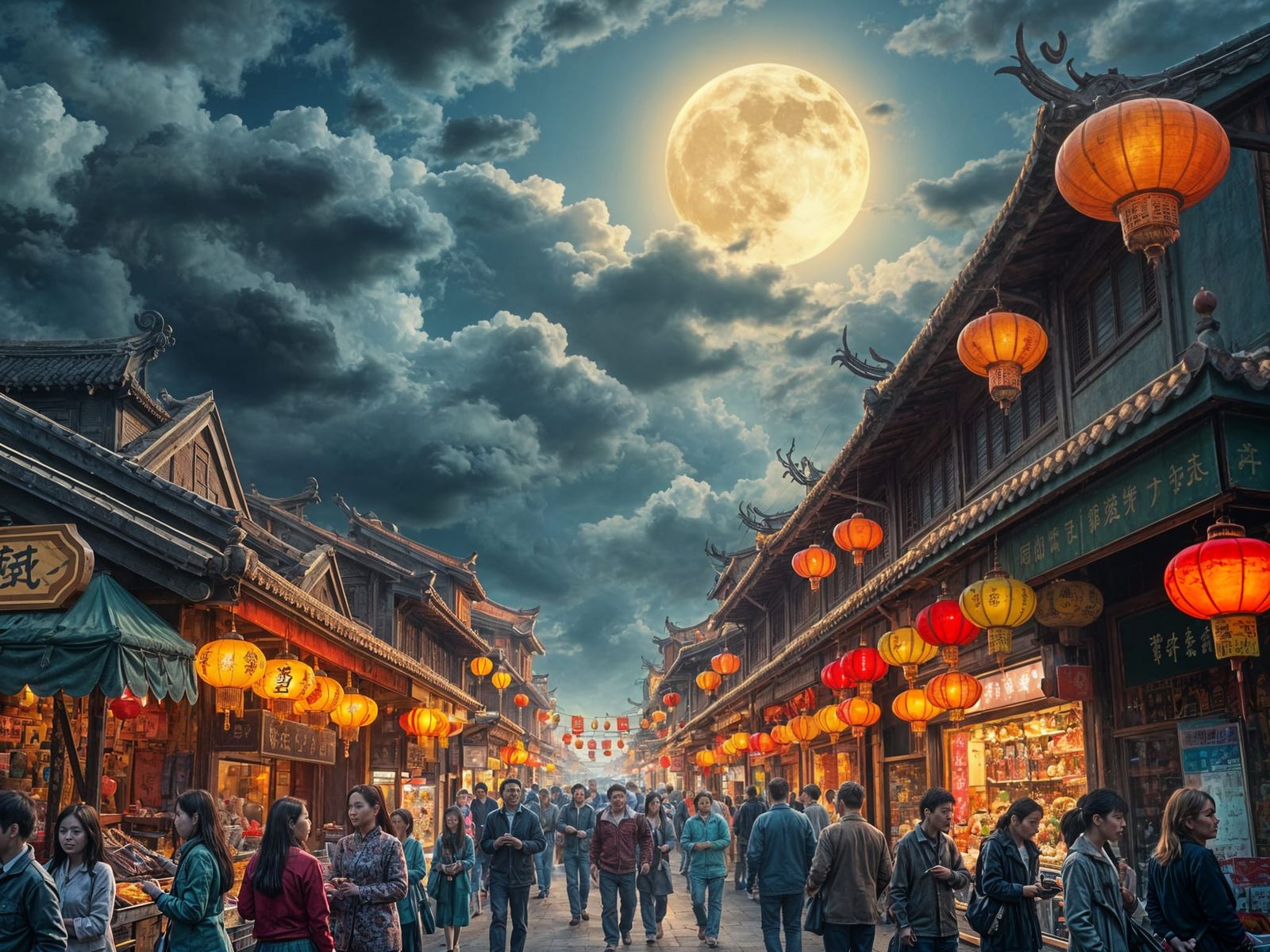 Vibrant Lunar Festival Street Market in Cyberpunk Style